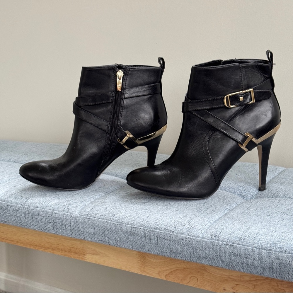 MARC FISHER Women's Black Gold Ankle Stiletto Leather Boots Booties 8.5 M‎